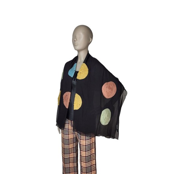 100% Silk Black Spiral Circle Pattern Rectangle Scarf Shawl Wrap 65"x41" - Picture 2 of 9
